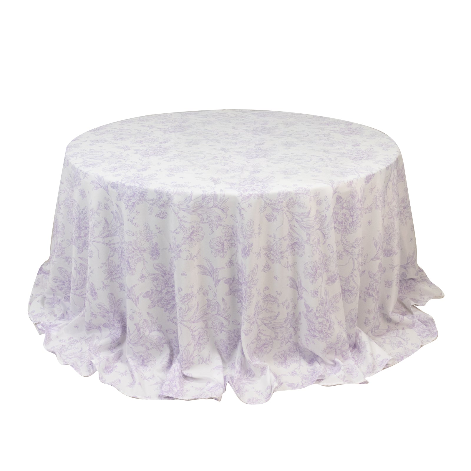 Polyester 132" Round Tablecloth White - Lavender Lilac French Toile Pattern for Chic Weddings - Bell Racket Store