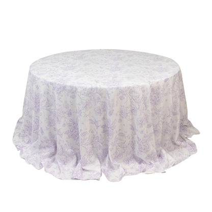 Polyester 132" Round Tablecloth White - Lavender Lilac French Toile Pattern for Chic Weddings - Bell Racket Store