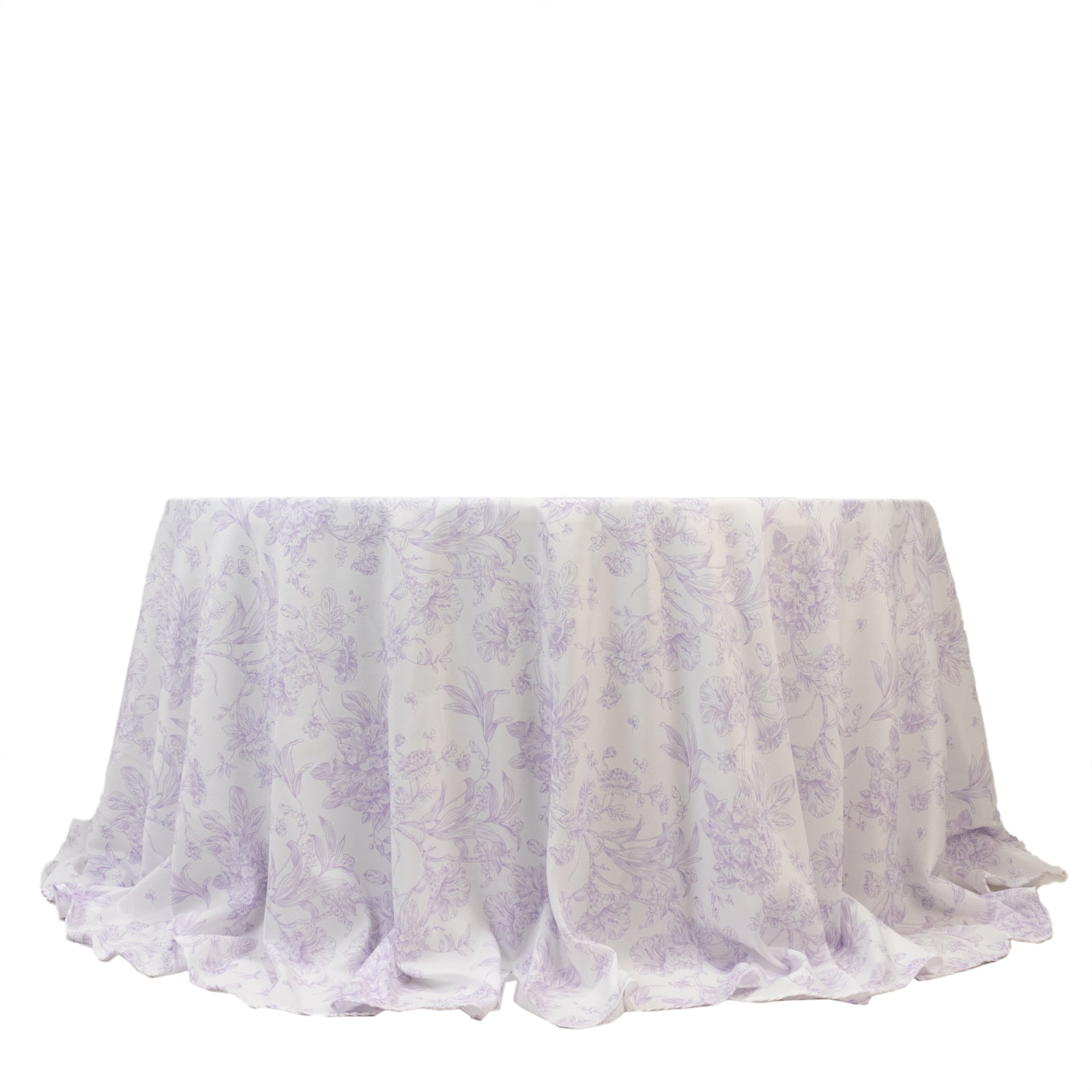 Polyester 132" Round Tablecloth White - Lavender Lilac French Toile Pattern for Chic Weddings - Bell Racket Store