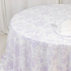 Polyester 132" Round Tablecloth White - Lavender Lilac French Toile Pattern for Chic Weddings - Bell Racket Store