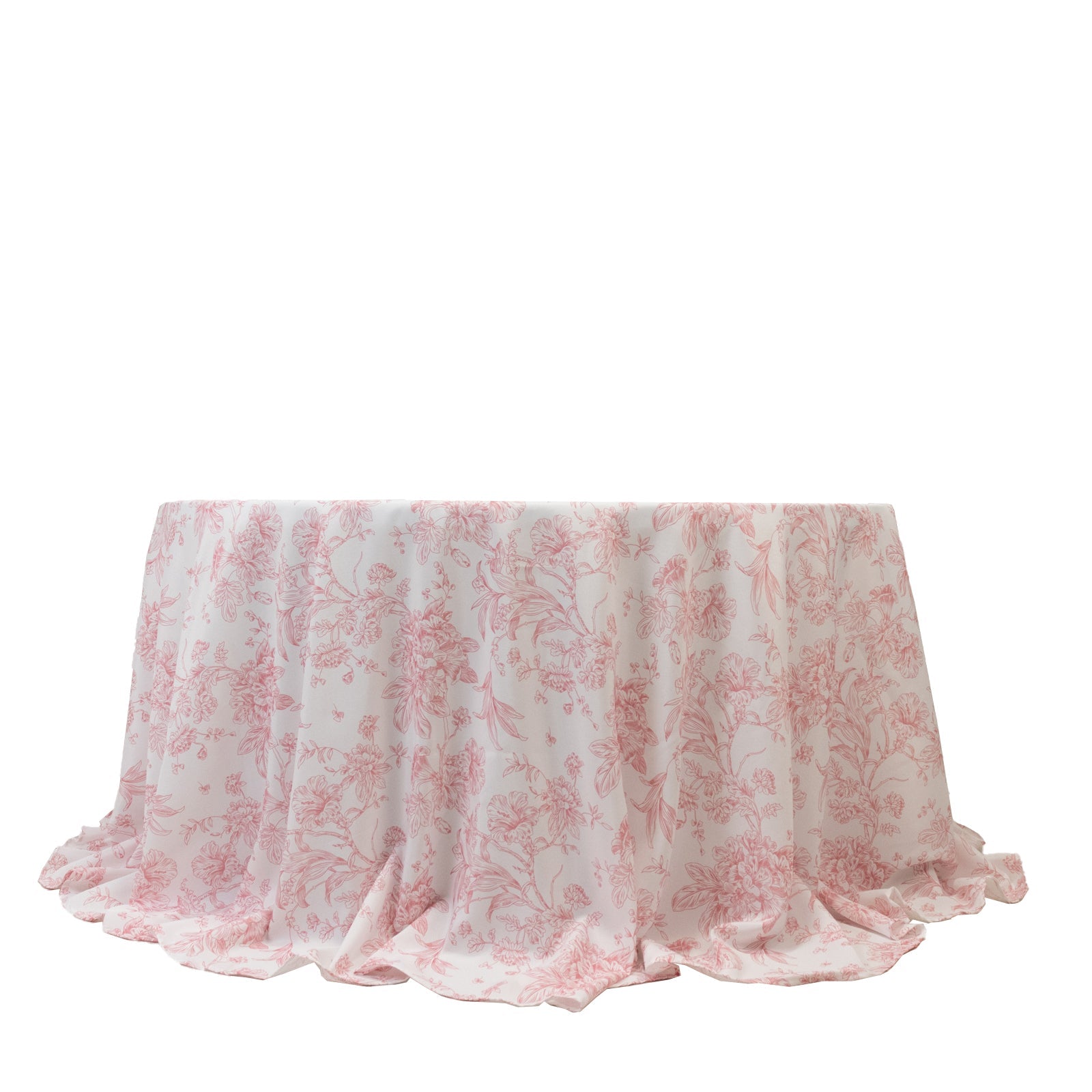 Polyester 132" Round Tablecloth White - Pink French Toile Pattern for Chic Weddings - Bell Racket Store