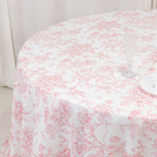 Polyester 132" Round Tablecloth White - Pink French Toile Pattern for Chic Weddings - Bell Racket Store