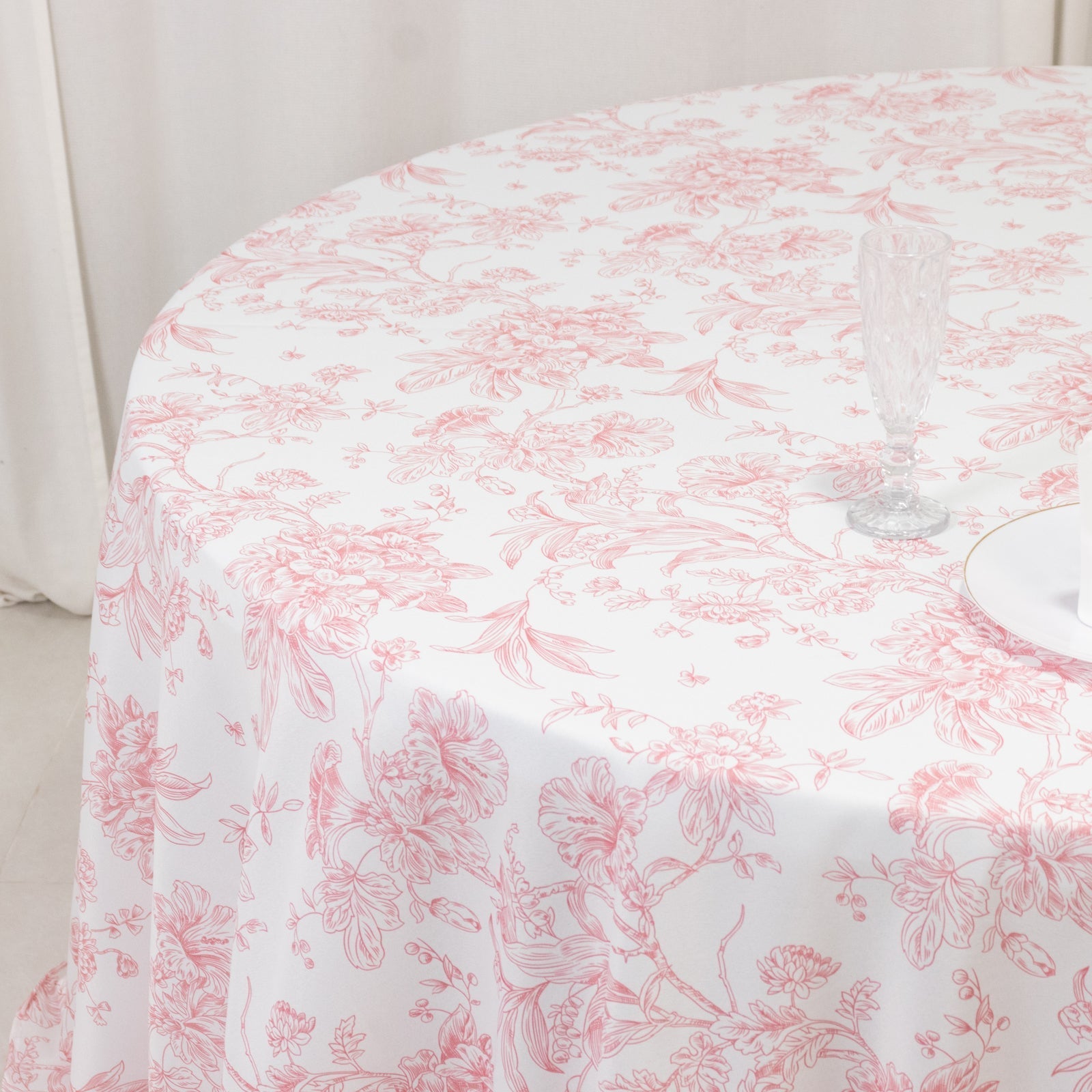 Polyester 132" Round Tablecloth White - Pink French Toile Pattern for Chic Weddings - Bell Racket Store