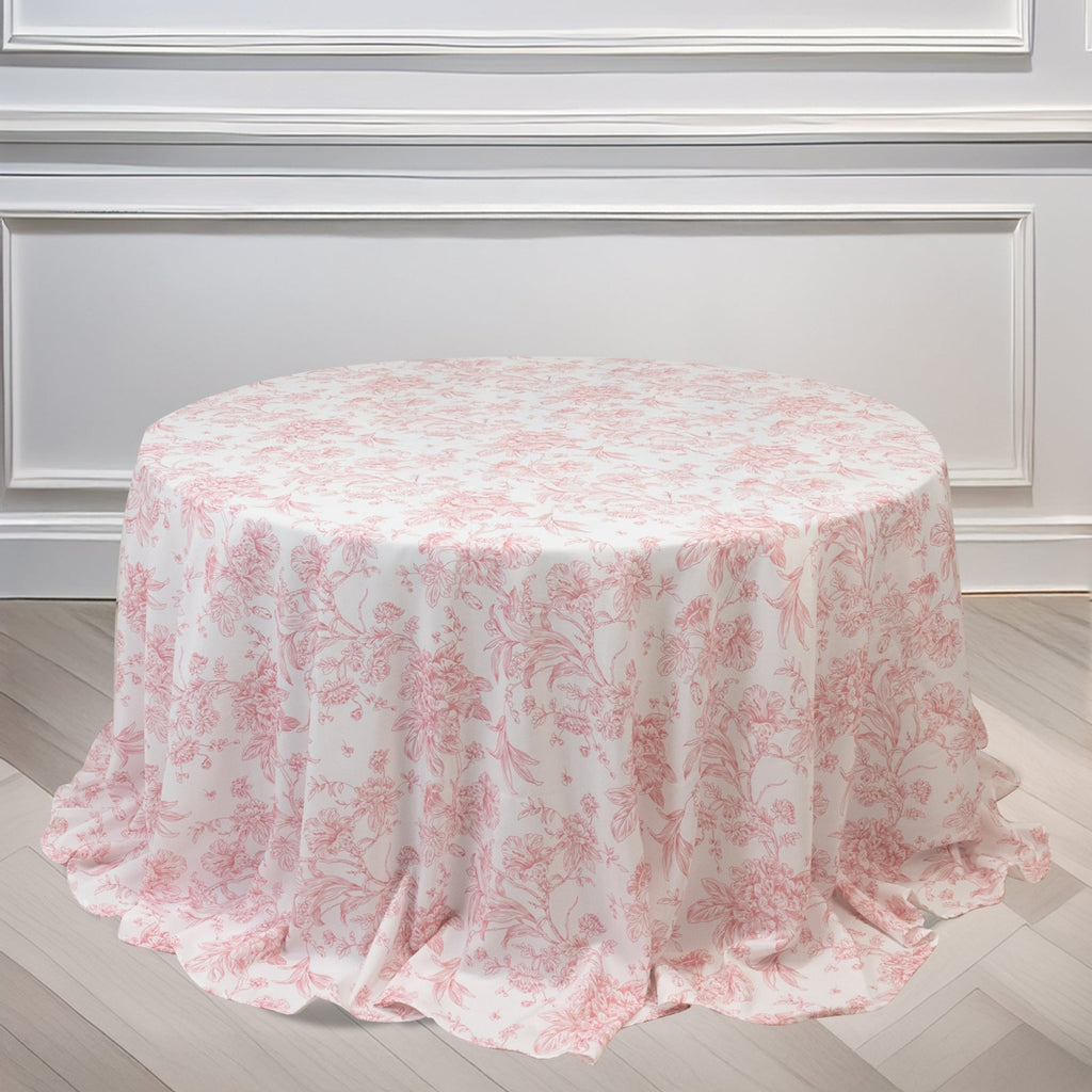 Polyester 132" Round Tablecloth White - Pink French Toile Pattern for Chic Weddings - Bell Racket Store