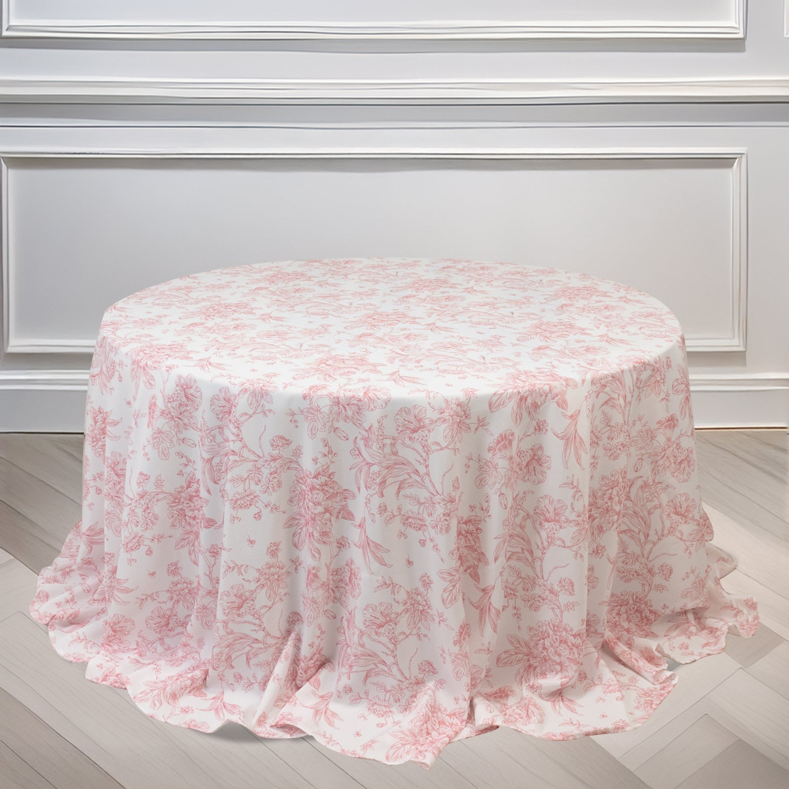 Polyester 132" Round Tablecloth White - Pink French Toile Pattern for Chic Weddings - Bell Racket Store