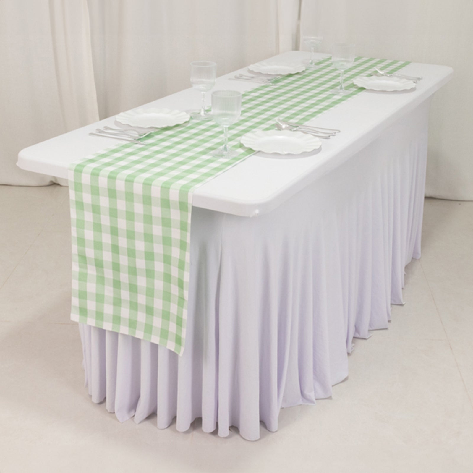 Polyester 14"x108" Table Runner Sage Green/White - Gingham Plaid Design - Bell Racket Store