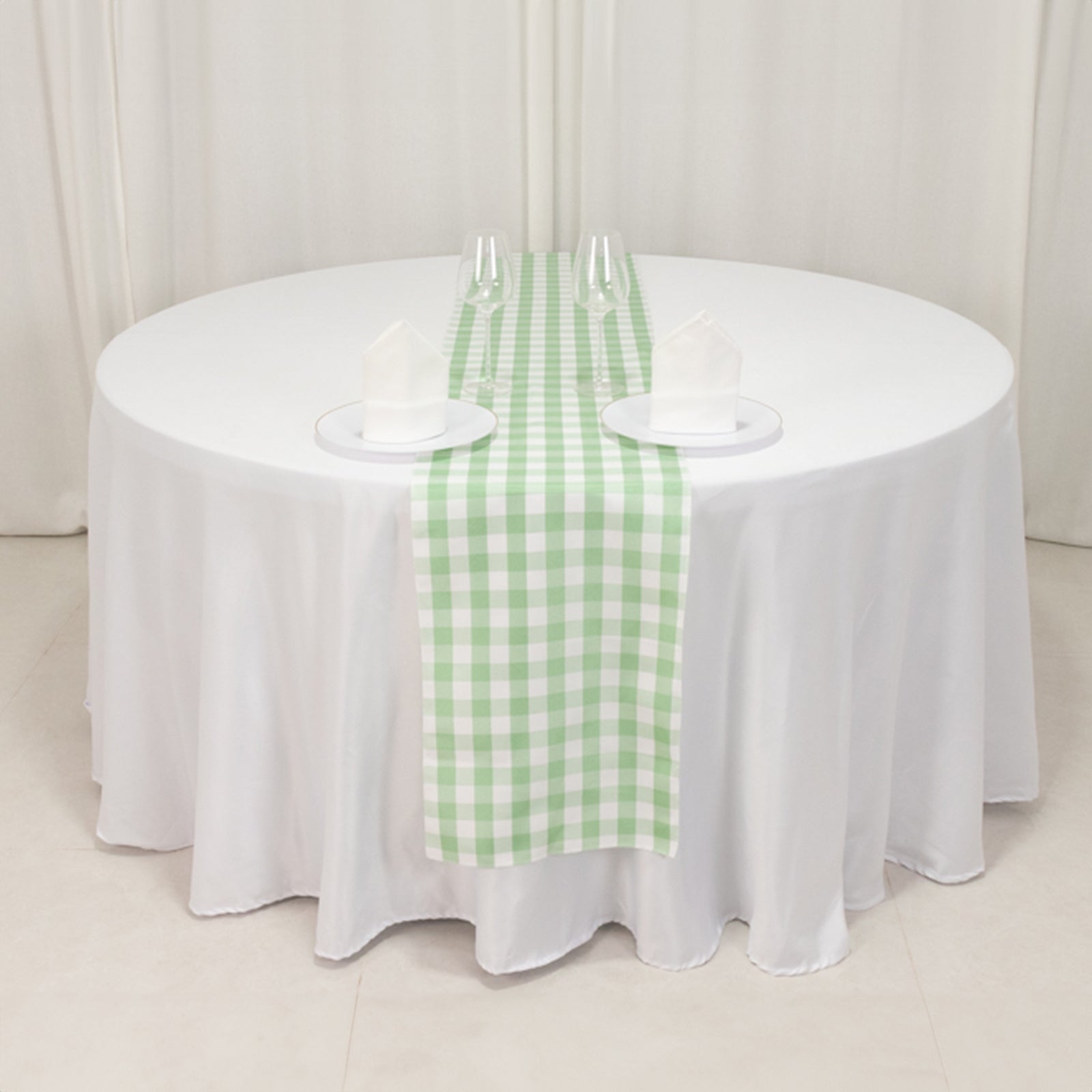 Polyester 14"x108" Table Runner Sage Green/White - Gingham Plaid Design - Bell Racket Store