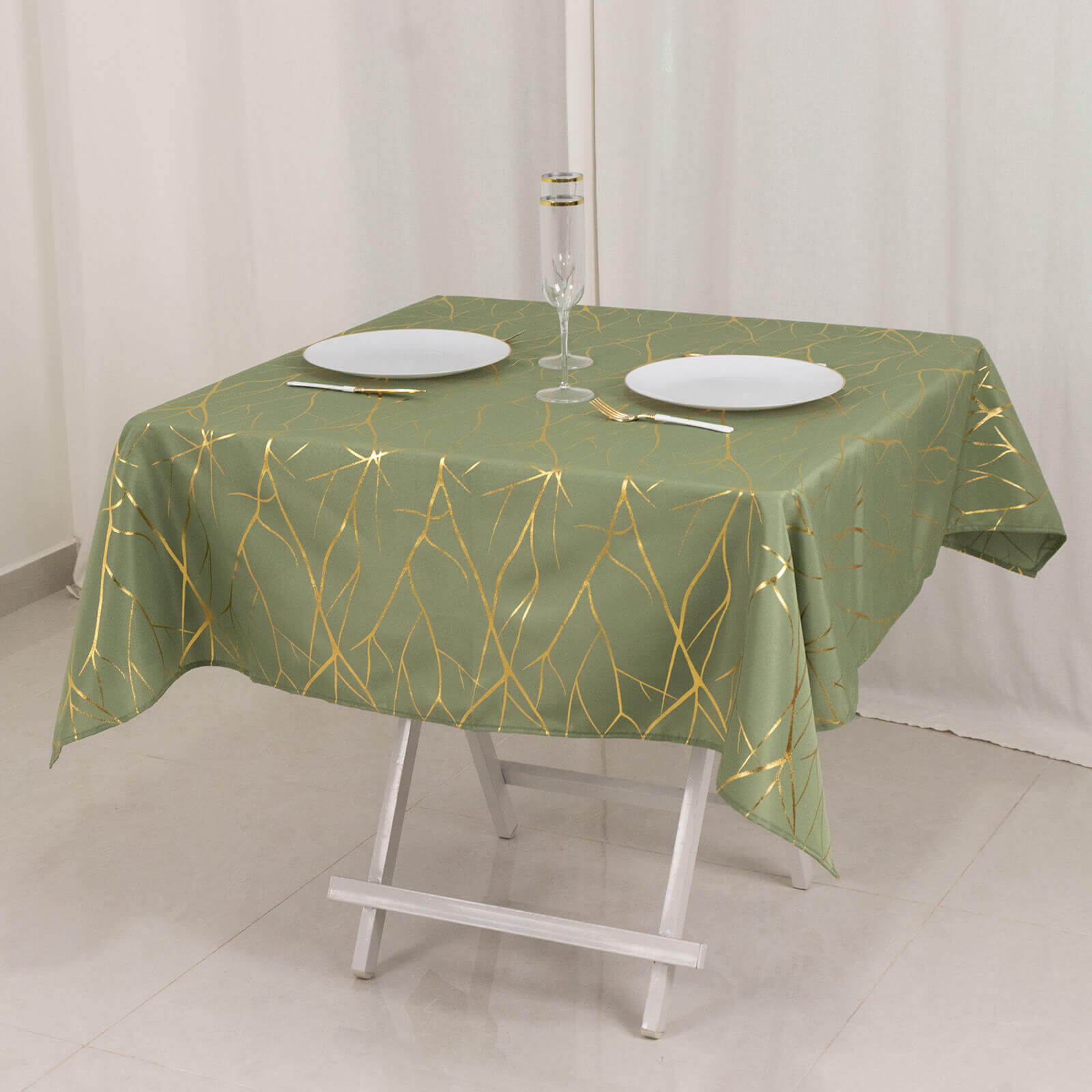 Polyester 54"x54" Square Tablecloth Dusty Sage Green with Gold Foil Tree Branch Pattern - Wrinkle - Resistant & Durable Table Cover - Bell Racket Store