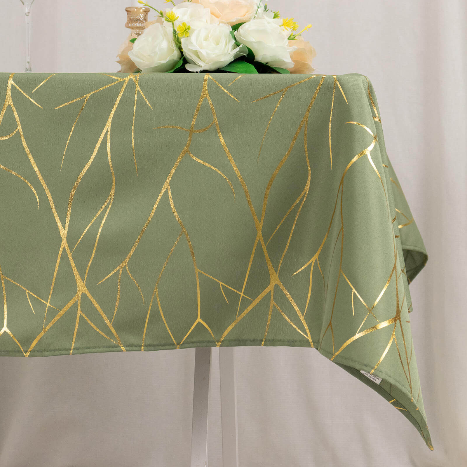 Polyester 54"x54" Square Tablecloth Dusty Sage Green with Gold Foil Tree Branch Pattern - Wrinkle - Resistant & Durable Table Cover - Bell Racket Store