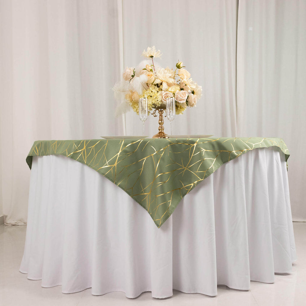 Polyester 54"x54" Table Overlay Square Tablecloth Dusty Sage Green with Gold Foil Tree Branch Pattern - Wrinkle - Resistant & Durable Table Cover - Bell Racket Store