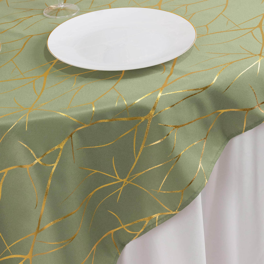 Polyester 54"x54" Table Overlay Square Tablecloth Dusty Sage Green with Gold Foil Tree Branch Pattern - Wrinkle - Resistant & Durable Table Cover - Bell Racket Store