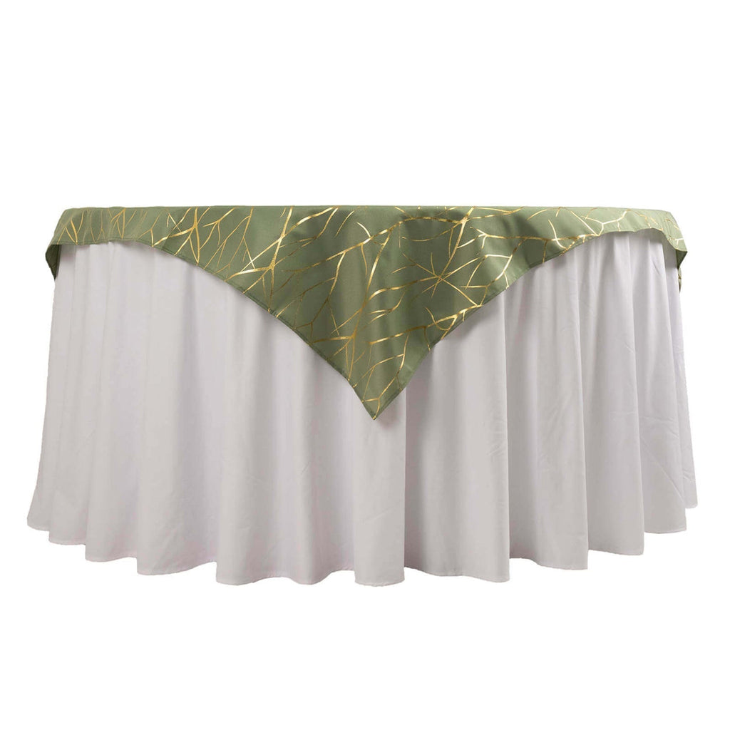 Polyester 54"x54" Table Overlay Square Tablecloth Dusty Sage Green with Gold Foil Tree Branch Pattern - Wrinkle - Resistant & Durable Table Cover - Bell Racket Store