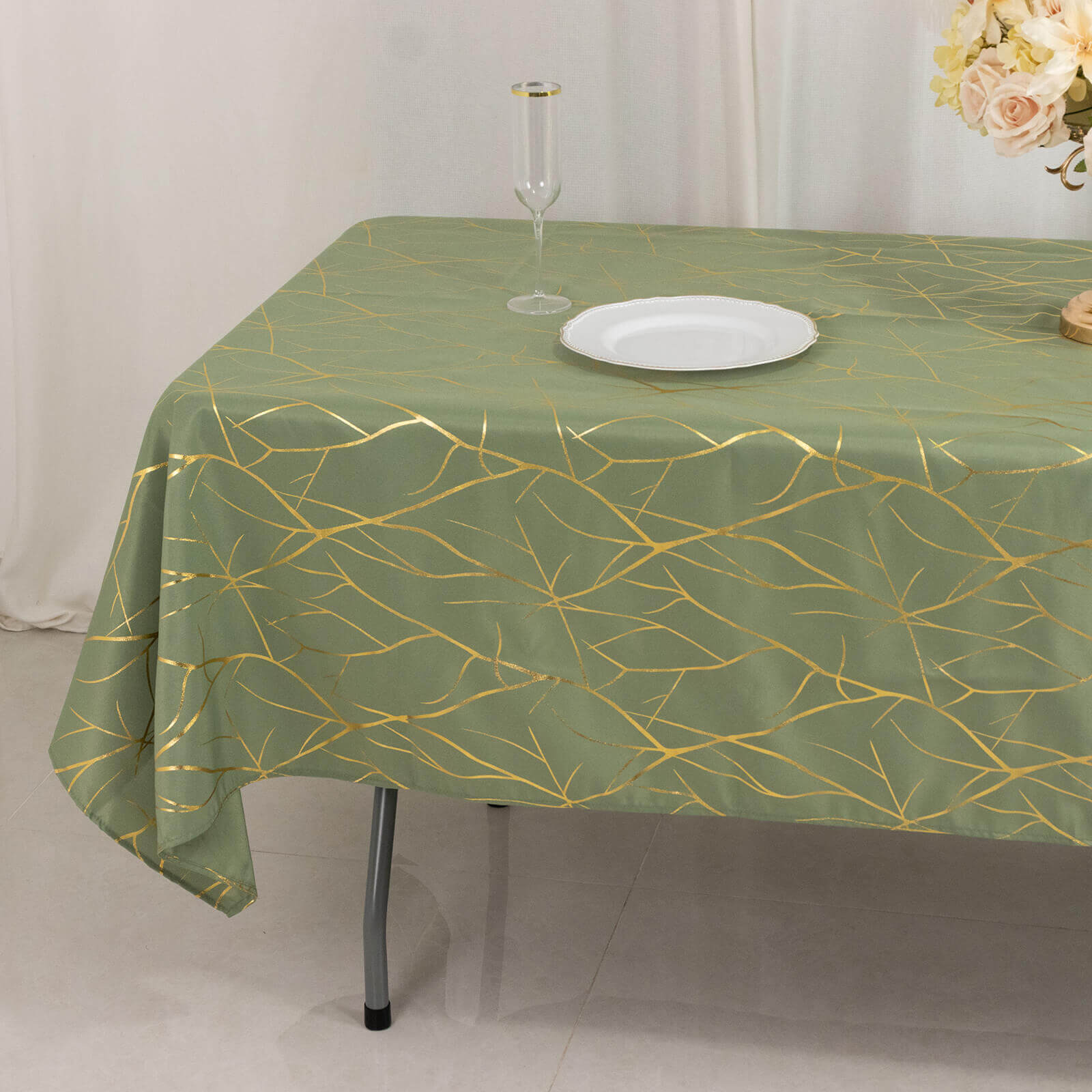 Polyester 60"x102" Rectangle Tablecloth Dusty Sage Green with Gold Foil Tree Branch Pattern - Wrinkle - Resistant & Durable Table Cover - Bell Racket Store
