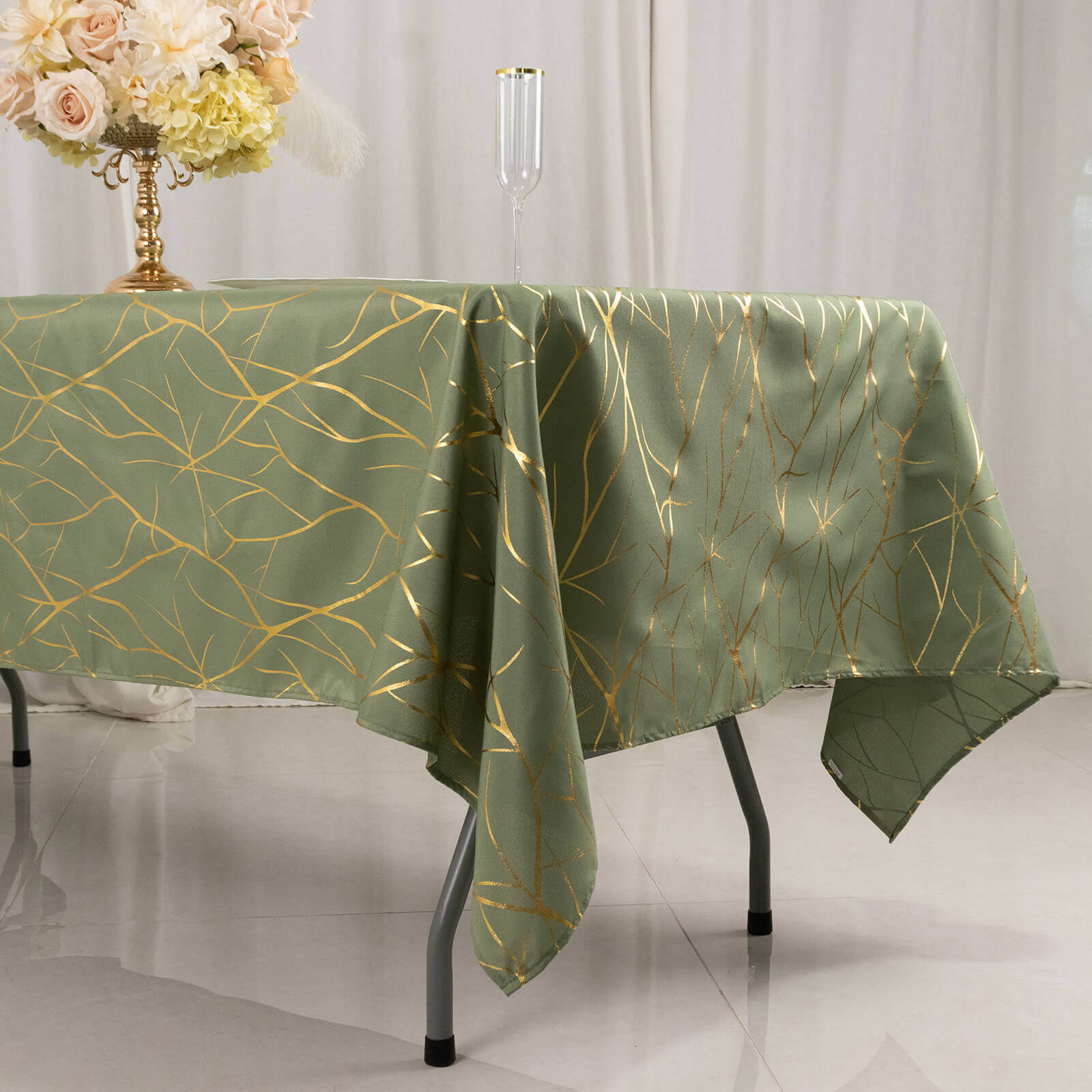 Polyester 60"x102" Rectangle Tablecloth Dusty Sage Green with Gold Foil Tree Branch Pattern - Wrinkle - Resistant & Durable Table Cover - Bell Racket Store