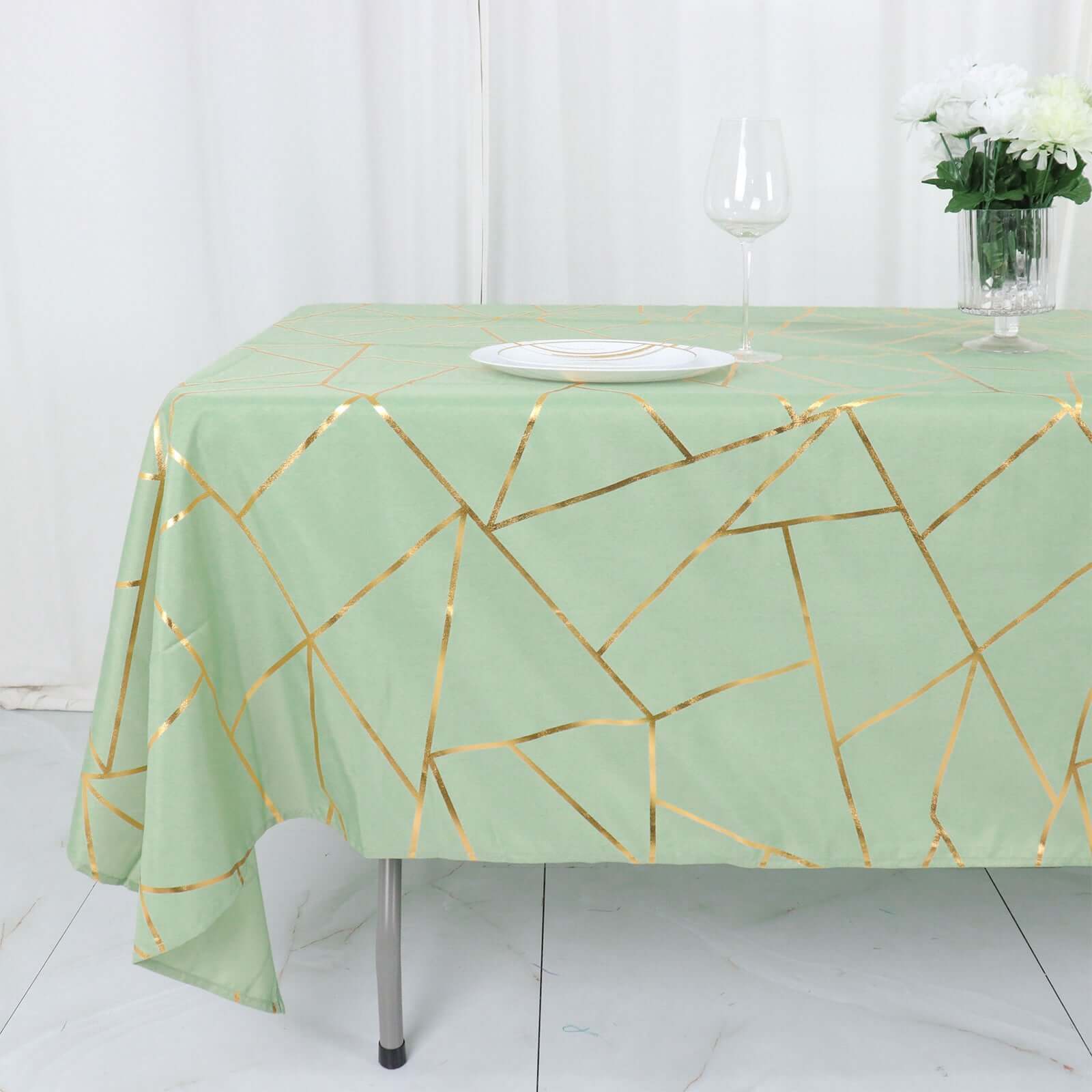Polyester 60"x102" Rectangle Tablecloth Sage Green with Gold Foil Geometric Pattern - Wrinkle - Resistant & Durable Table Cover - Bell Racket Store