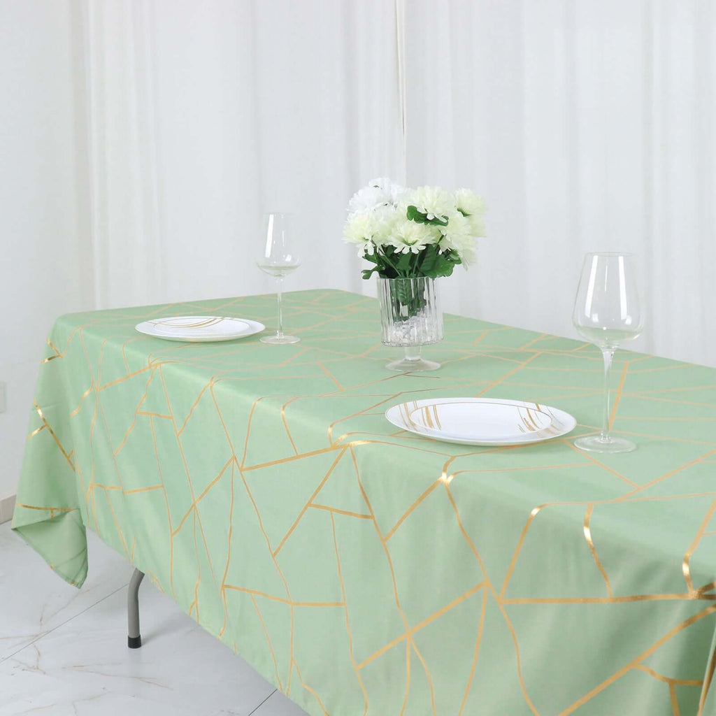 Polyester 60"x102" Rectangle Tablecloth Sage Green with Gold Foil Geometric Pattern - Wrinkle - Resistant & Durable Table Cover - Bell Racket Store