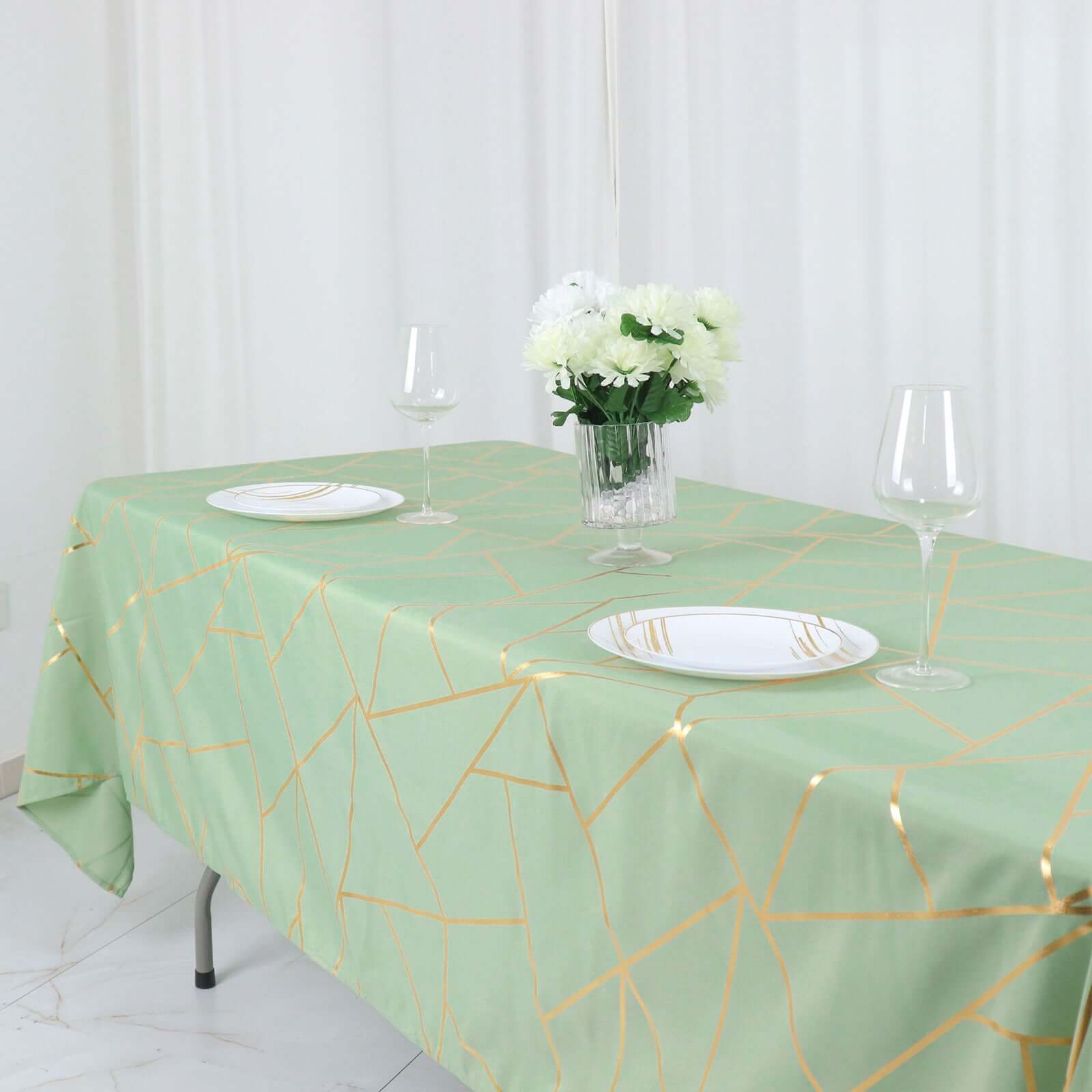 Polyester 60"x102" Rectangle Tablecloth Sage Green with Gold Foil Geometric Pattern - Wrinkle - Resistant & Durable Table Cover - Bell Racket Store