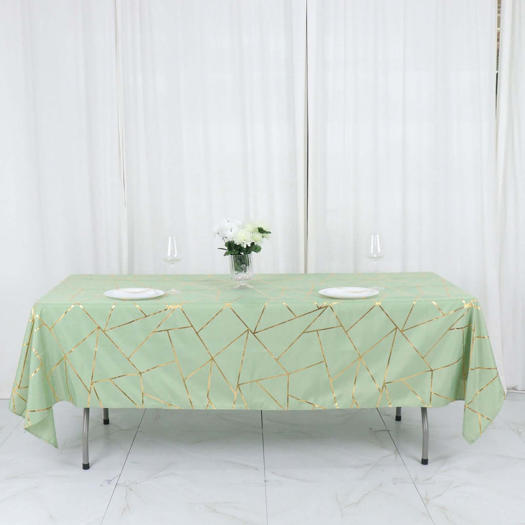 Polyester 60"x102" Rectangle Tablecloth Sage Green with Gold Foil Geometric Pattern - Wrinkle - Resistant & Durable Table Cover - Bell Racket Store