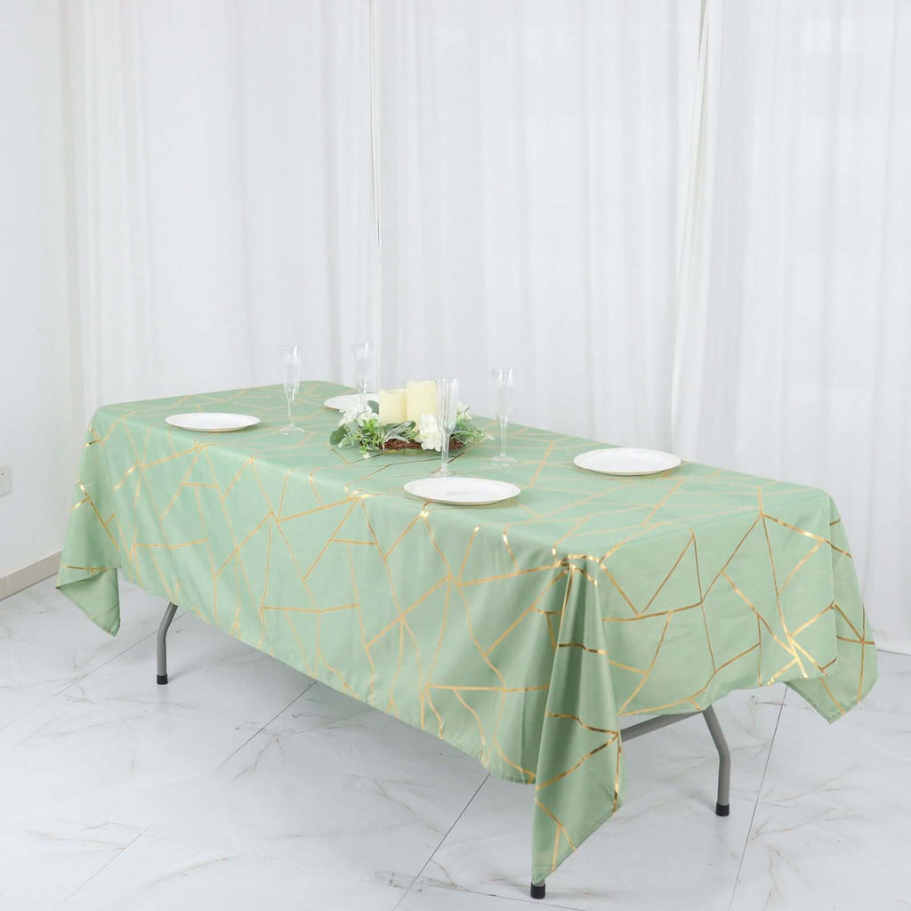Polyester 60"x102" Rectangle Tablecloth Sage Green with Gold Foil Geometric Pattern - Wrinkle - Resistant & Durable Table Cover - Bell Racket Store