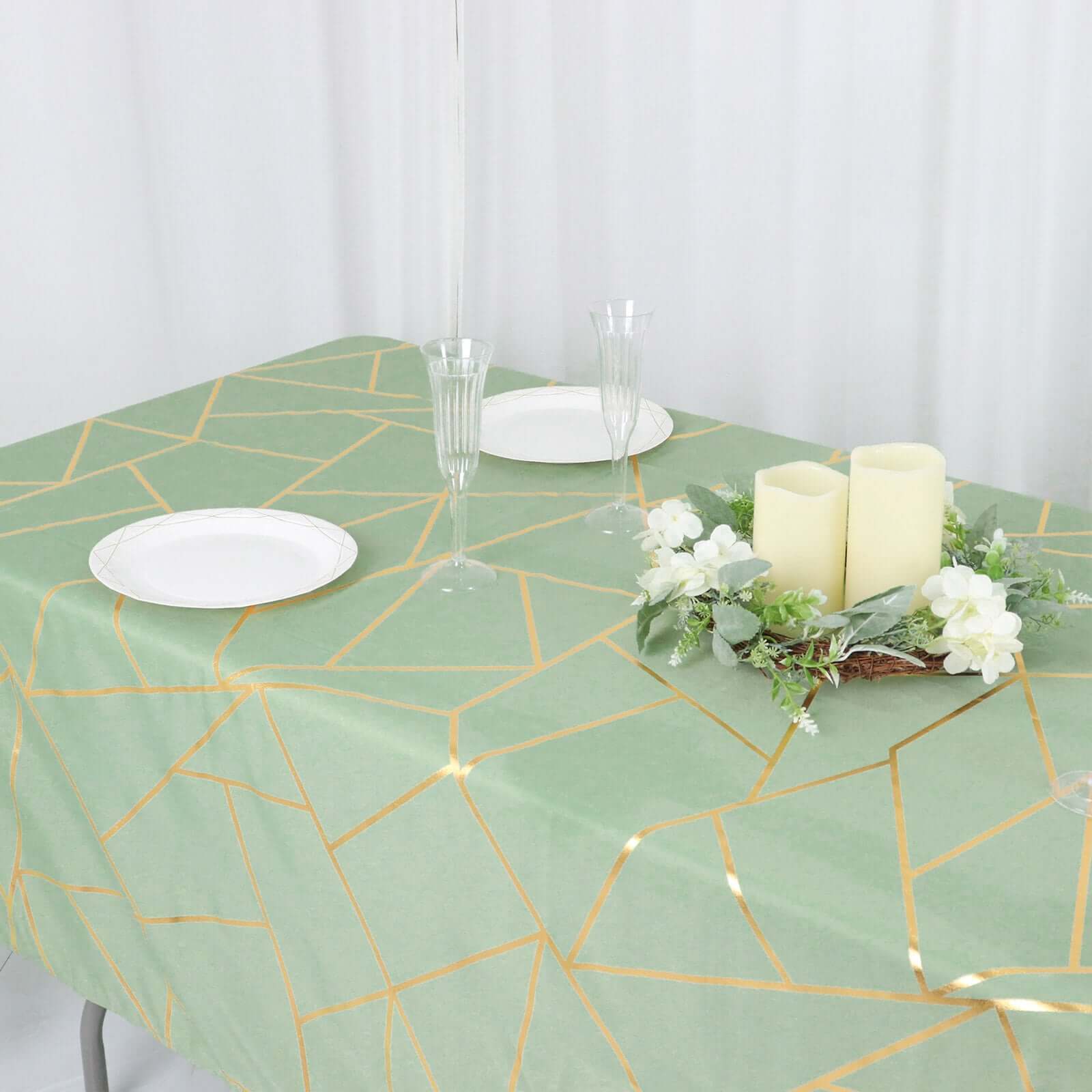 Polyester 60"x102" Rectangle Tablecloth Sage Green with Gold Foil Geometric Pattern - Wrinkle - Resistant & Durable Table Cover - Bell Racket Store