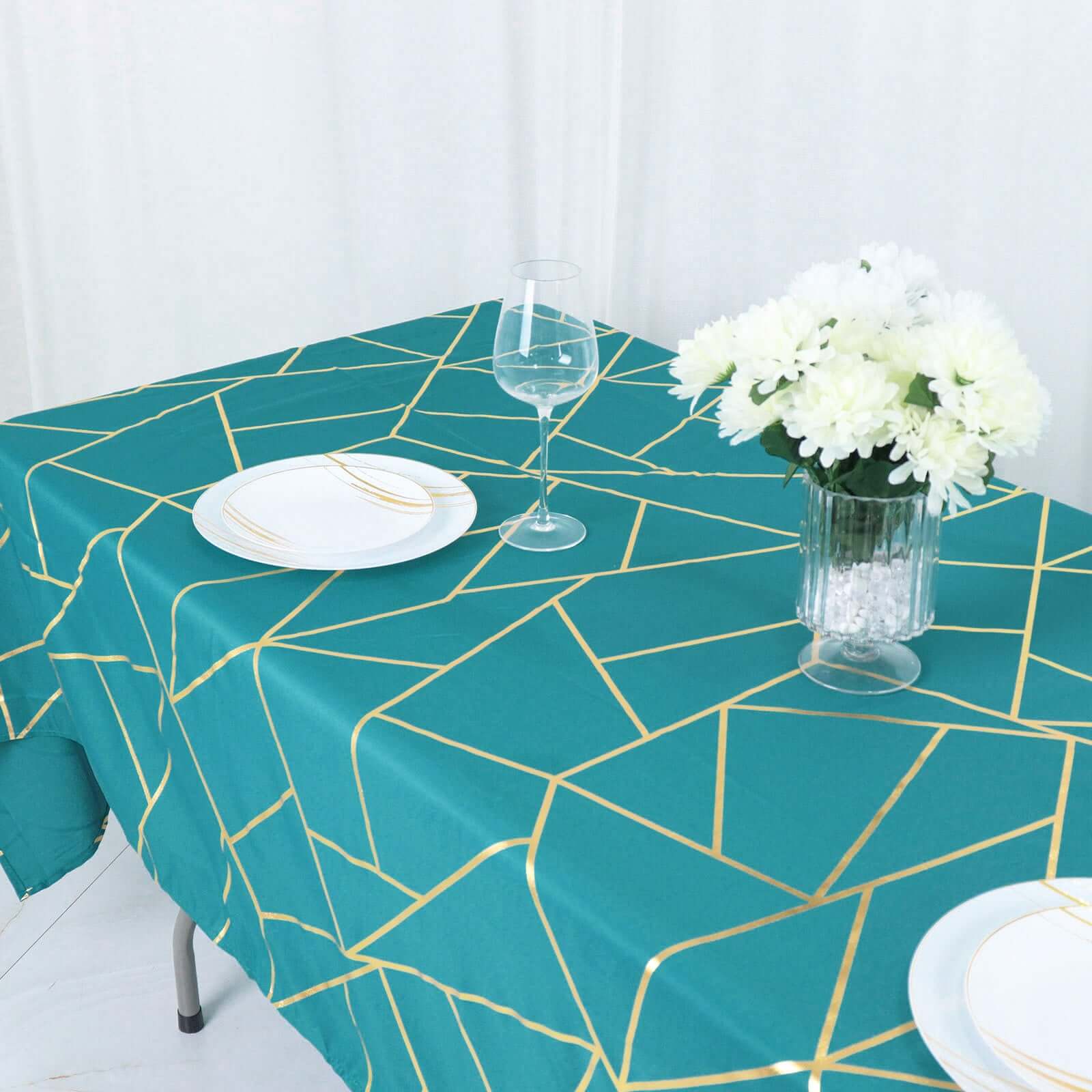 Polyester 60"x102" Rectangle Tablecloth Teal with Gold Foil Geometric Pattern - Wrinkle - Resistant & Durable Table Cover - Bell Racket Store