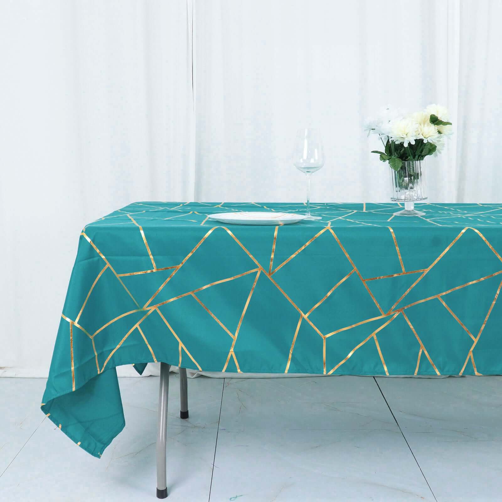 Polyester 60"x102" Rectangle Tablecloth Teal with Gold Foil Geometric Pattern - Wrinkle - Resistant & Durable Table Cover - Bell Racket Store