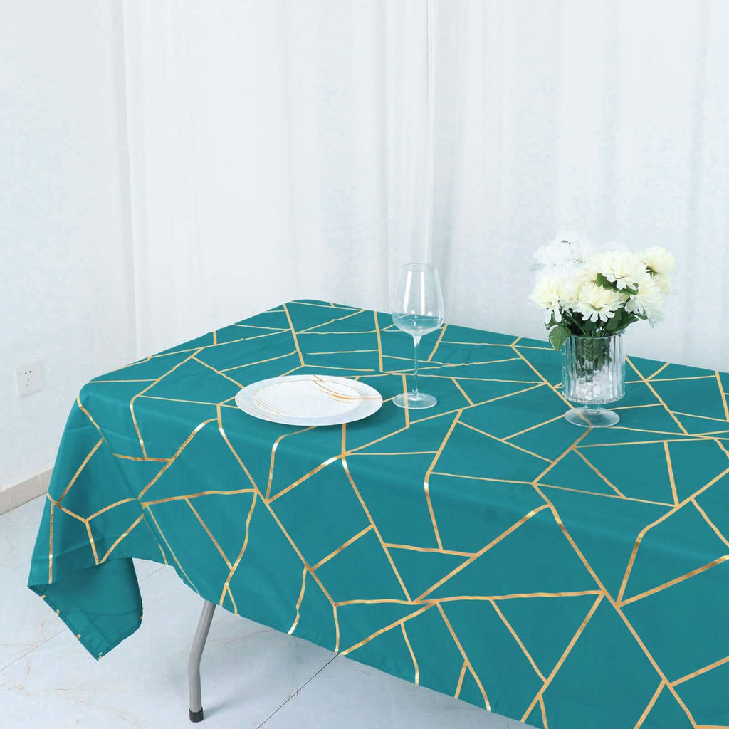 Polyester 60"x102" Rectangle Tablecloth Teal with Gold Foil Geometric Pattern - Wrinkle - Resistant & Durable Table Cover - Bell Racket Store