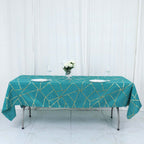 Polyester 60"x102" Rectangle Tablecloth Teal with Gold Foil Geometric Pattern - Wrinkle - Resistant & Durable Table Cover - Bell Racket Store