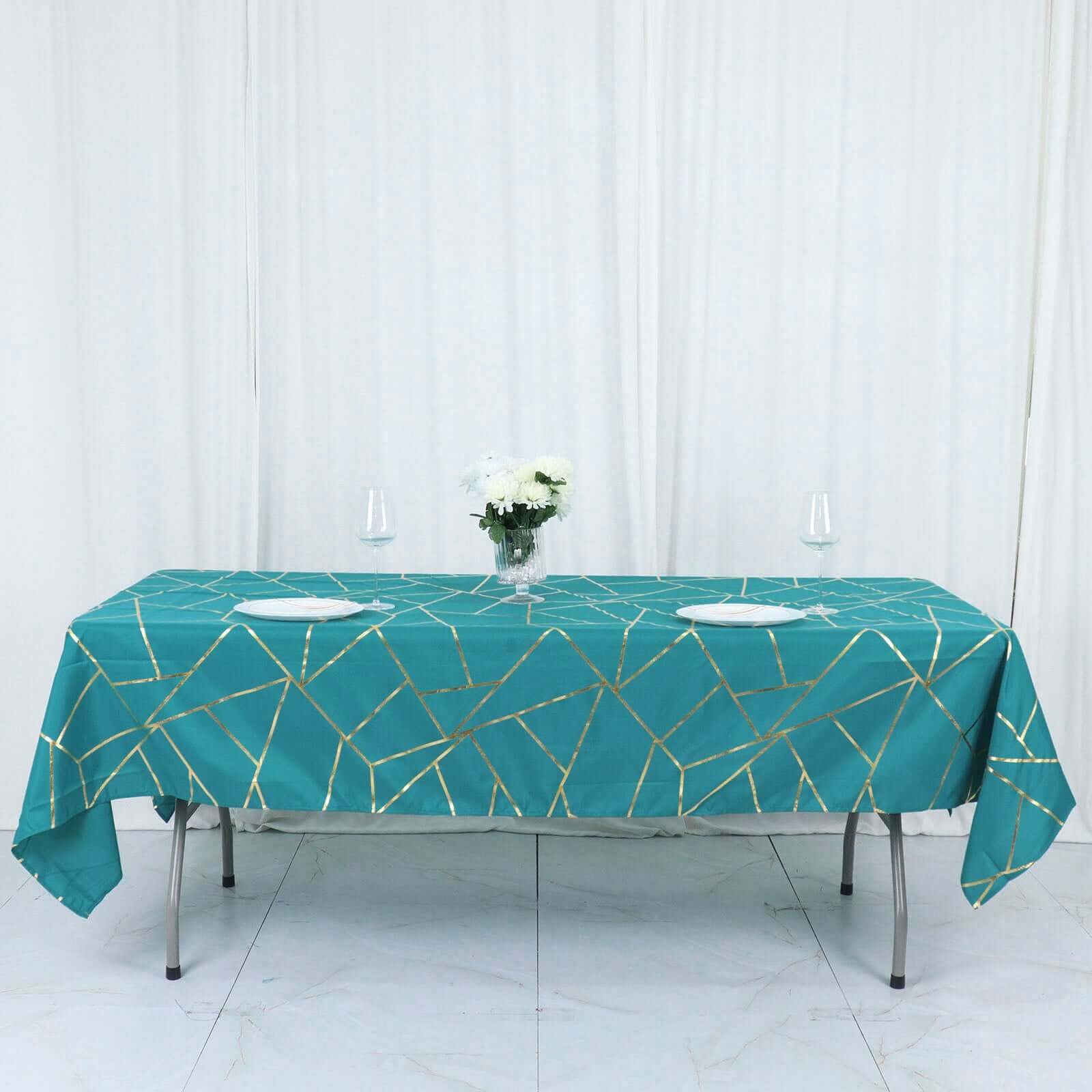 Polyester 60"x102" Rectangle Tablecloth Teal with Gold Foil Geometric Pattern - Wrinkle - Resistant & Durable Table Cover - Bell Racket Store