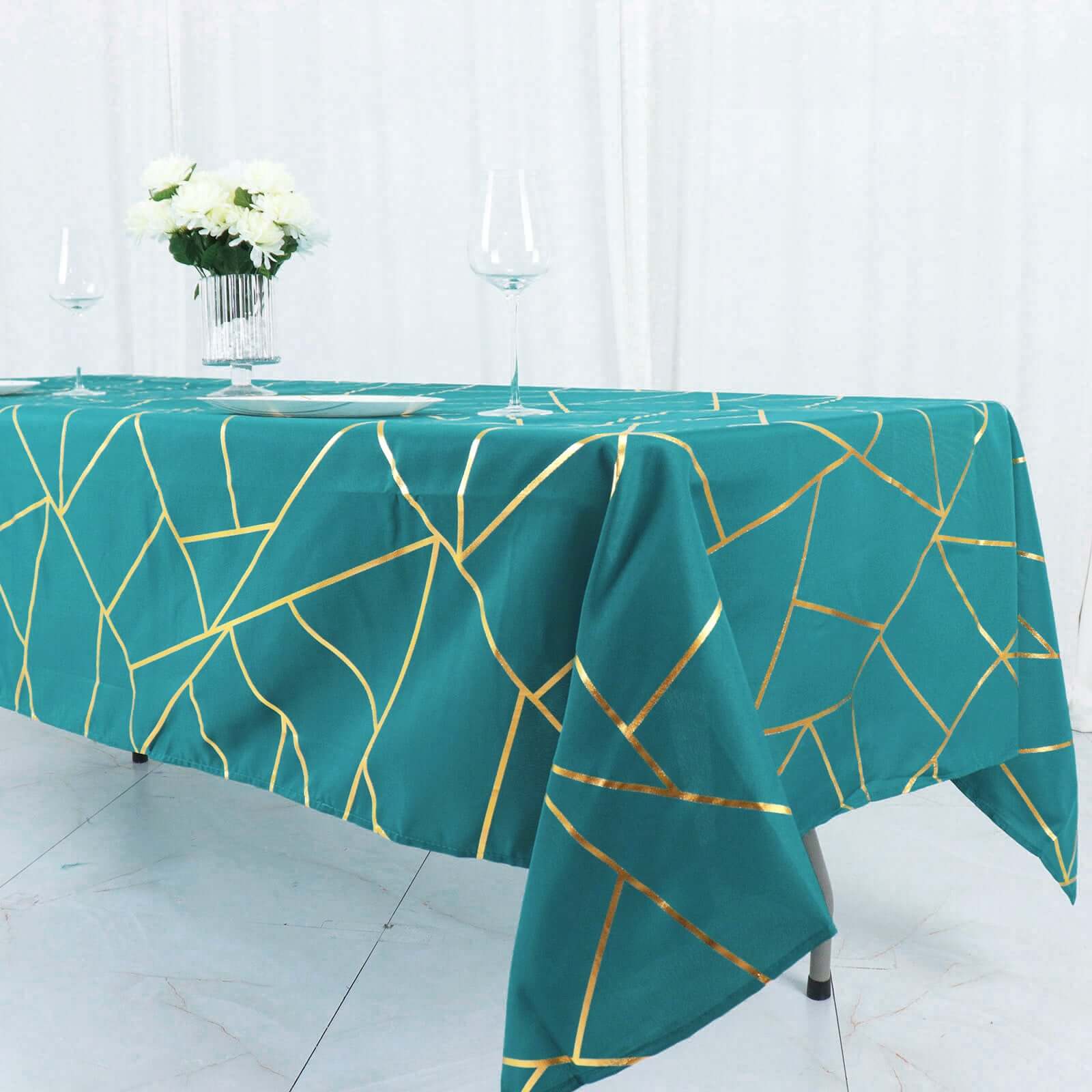 Polyester 60"x102" Rectangle Tablecloth Teal with Gold Foil Geometric Pattern - Wrinkle - Resistant & Durable Table Cover - Bell Racket Store