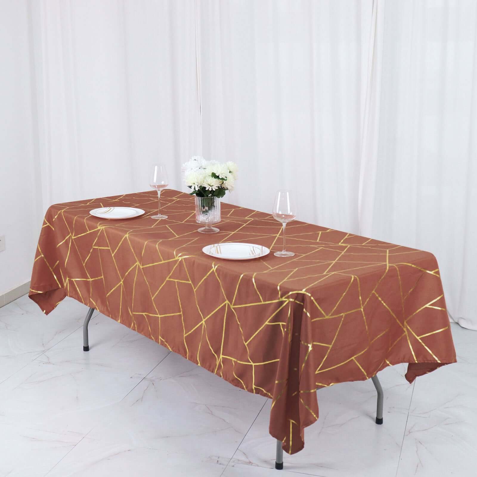 Polyester 60"x102" Rectangle Tablecloth Terracotta (Rust) with Gold Foil Geometric Pattern - Wrinkle - Resistant & Durable Table Cover - Bell Racket Store