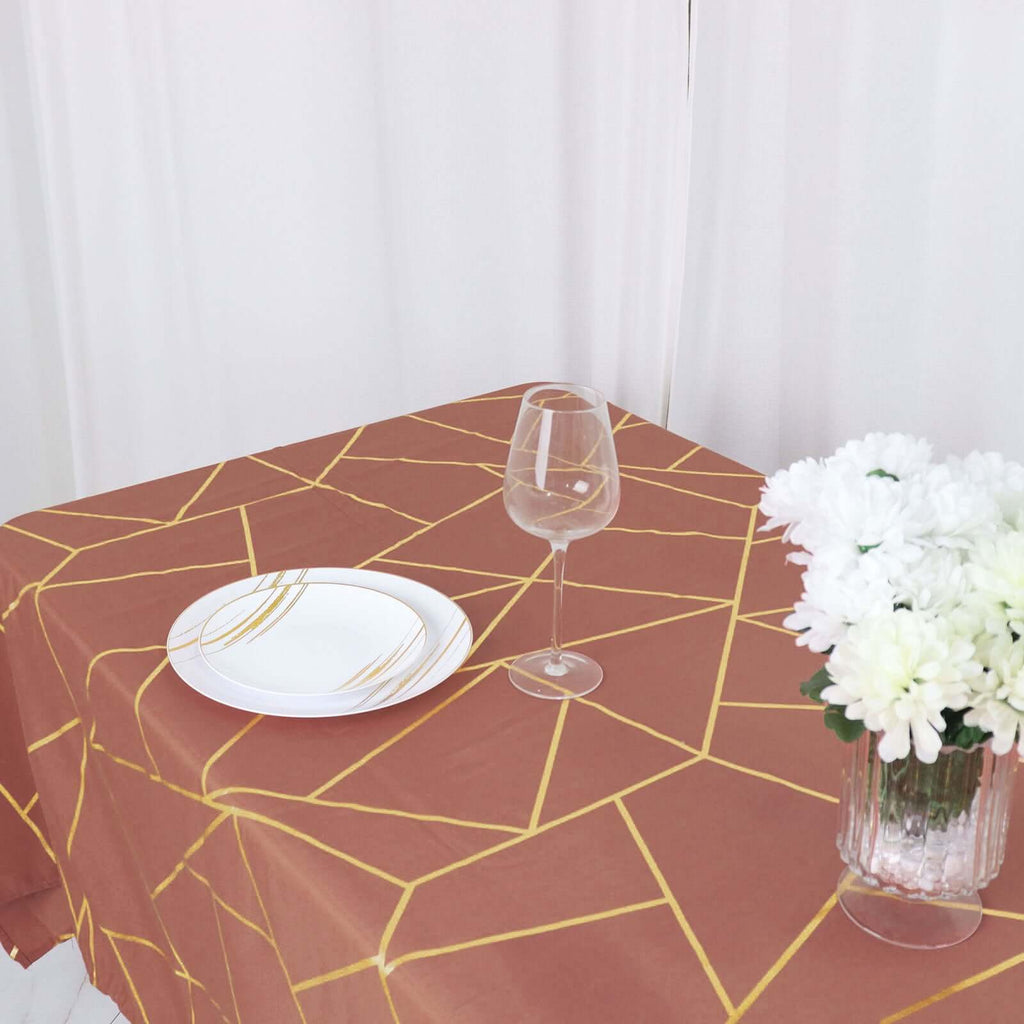 Polyester 60"x102" Rectangle Tablecloth Terracotta (Rust) with Gold Foil Geometric Pattern - Wrinkle - Resistant & Durable Table Cover - Bell Racket Store