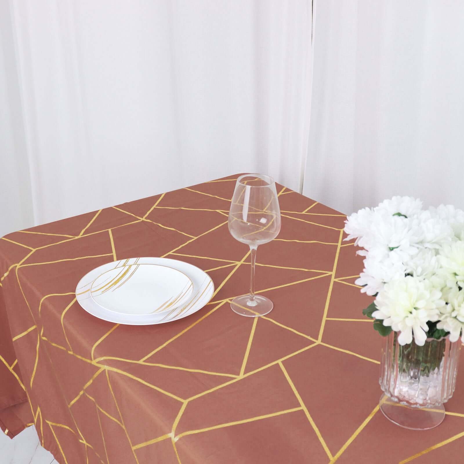 Polyester 60"x102" Rectangle Tablecloth Terracotta (Rust) with Gold Foil Geometric Pattern - Wrinkle - Resistant & Durable Table Cover - Bell Racket Store