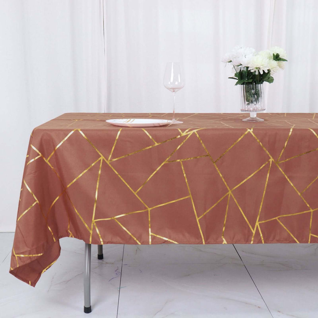 Polyester 60"x102" Rectangle Tablecloth Terracotta (Rust) with Gold Foil Geometric Pattern - Wrinkle - Resistant & Durable Table Cover - Bell Racket Store