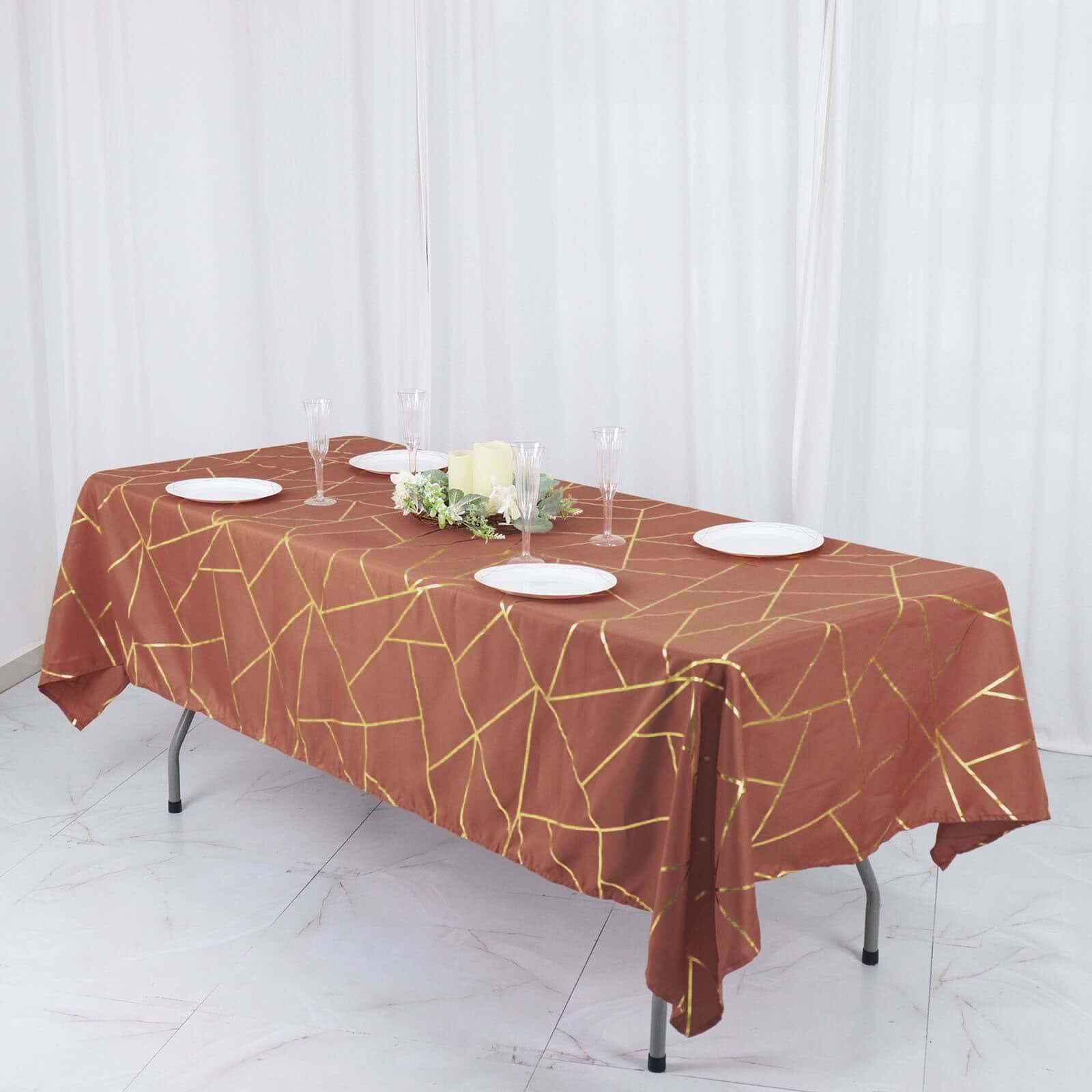 Polyester 60"x102" Rectangle Tablecloth Terracotta (Rust) with Gold Foil Geometric Pattern - Wrinkle - Resistant & Durable Table Cover - Bell Racket Store