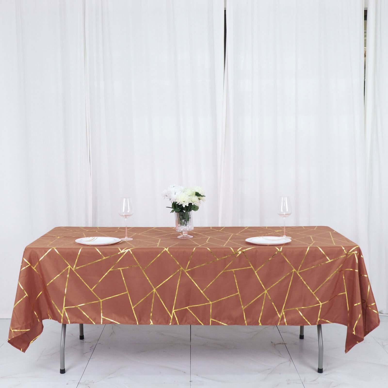 Polyester 60"x102" Rectangle Tablecloth Terracotta (Rust) with Gold Foil Geometric Pattern - Wrinkle - Resistant & Durable Table Cover - Bell Racket Store