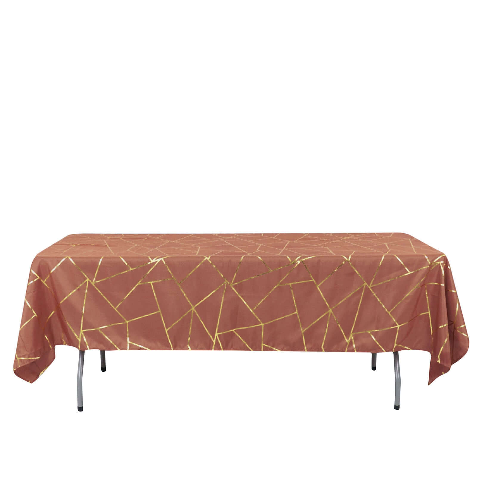 Polyester 60"x102" Rectangle Tablecloth Terracotta (Rust) with Gold Foil Geometric Pattern - Wrinkle - Resistant & Durable Table Cover - Bell Racket Store