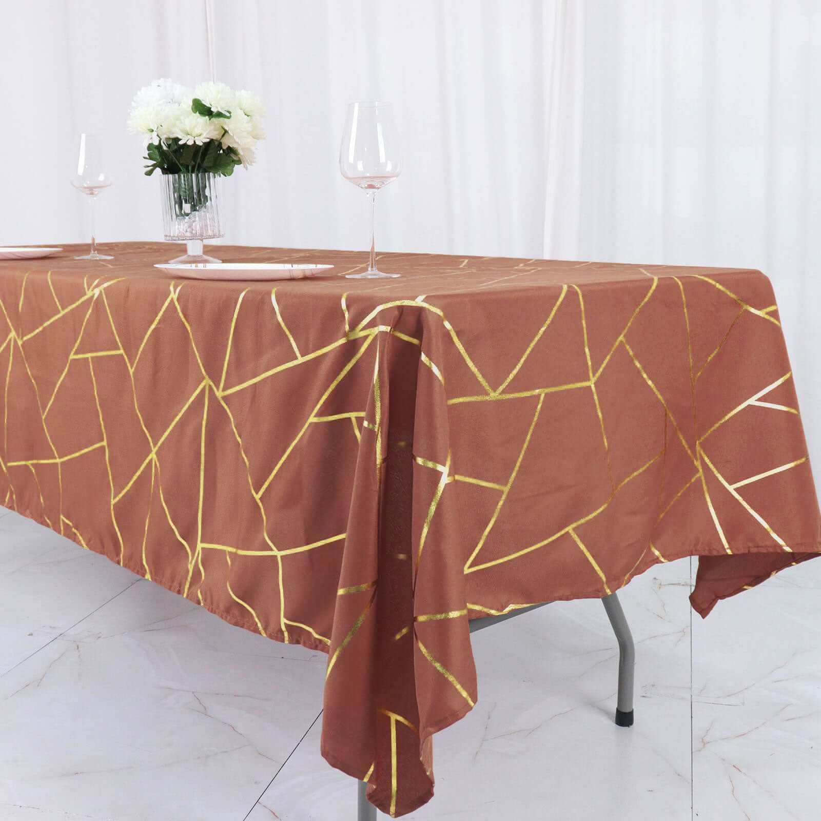 Polyester 60"x102" Rectangle Tablecloth Terracotta (Rust) with Gold Foil Geometric Pattern - Wrinkle - Resistant & Durable Table Cover - Bell Racket Store