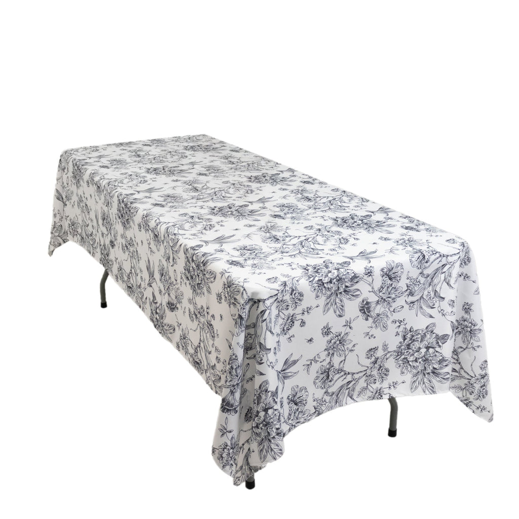 Polyester 60"x102" Rectangle Tablecloth White - Black French Toile Pattern for Elegant Gatherings - Bell Racket Store