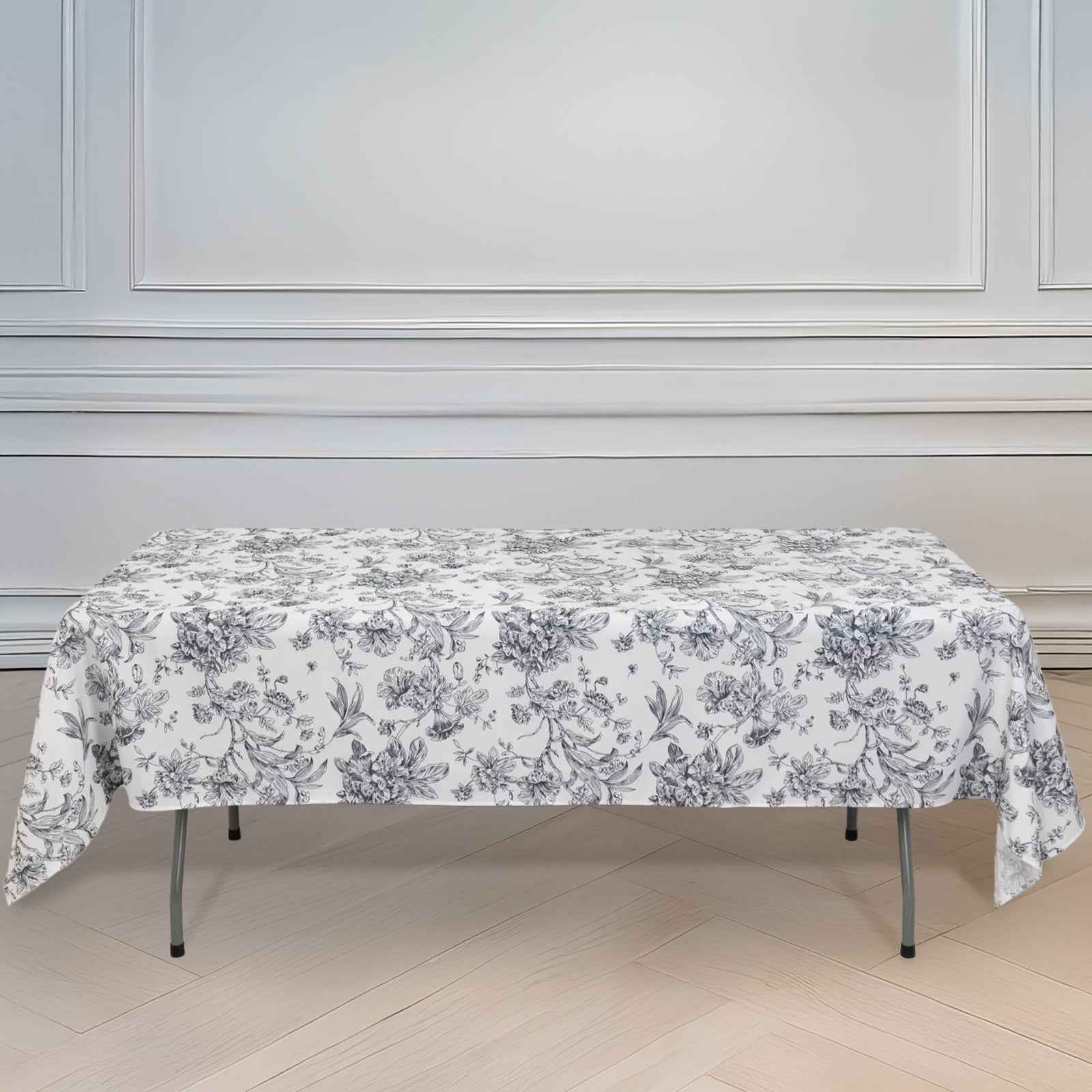 Polyester 60"x102" Rectangle Tablecloth White - Black French Toile Pattern for Elegant Gatherings - Bell Racket Store