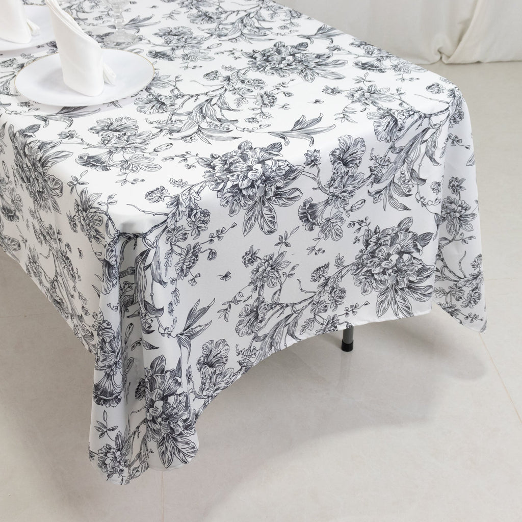 Polyester 60"x102" Rectangle Tablecloth White - Black French Toile Pattern for Elegant Gatherings - Bell Racket Store