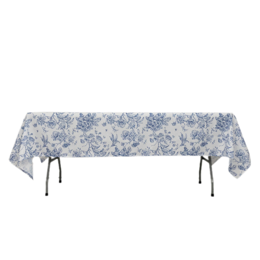Polyester 60"x102" Rectangle Tablecloth White - Blue French Toile Pattern for Elegant Gatherings - Bell Racket Store