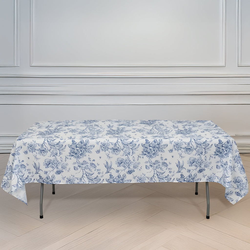 Polyester 60"x102" Rectangle Tablecloth White - Blue French Toile Pattern for Elegant Gatherings - Bell Racket Store