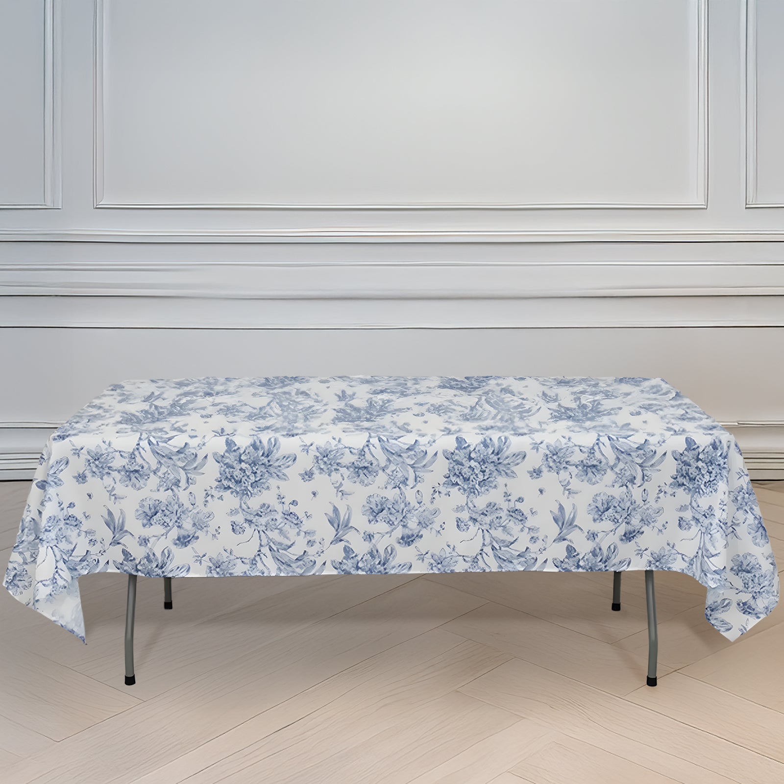 Polyester 60"x102" Rectangle Tablecloth White - Blue French Toile Pattern for Elegant Gatherings - Bell Racket Store