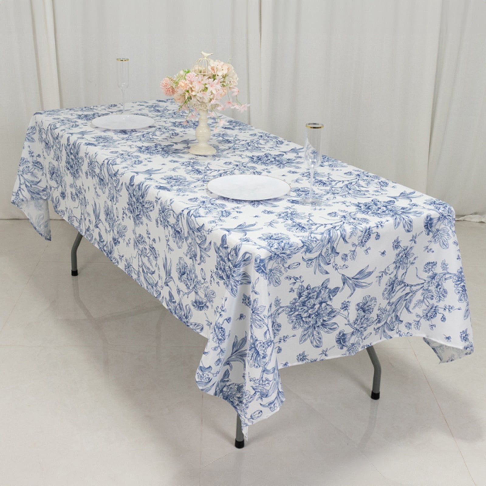 Polyester 60"x102" Rectangle Tablecloth White - Blue French Toile Pattern for Elegant Gatherings - Bell Racket Store