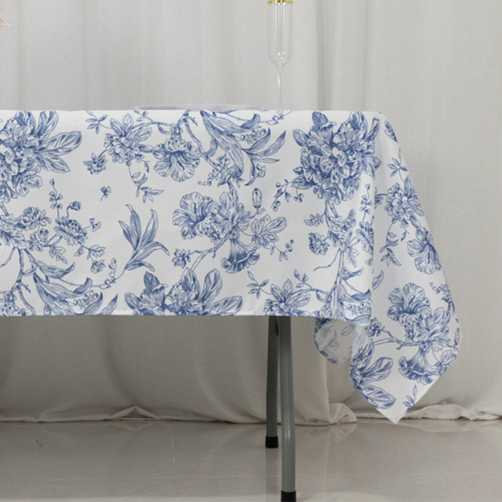 Polyester 60"x102" Rectangle Tablecloth White - Blue French Toile Pattern for Elegant Gatherings - Bell Racket Store