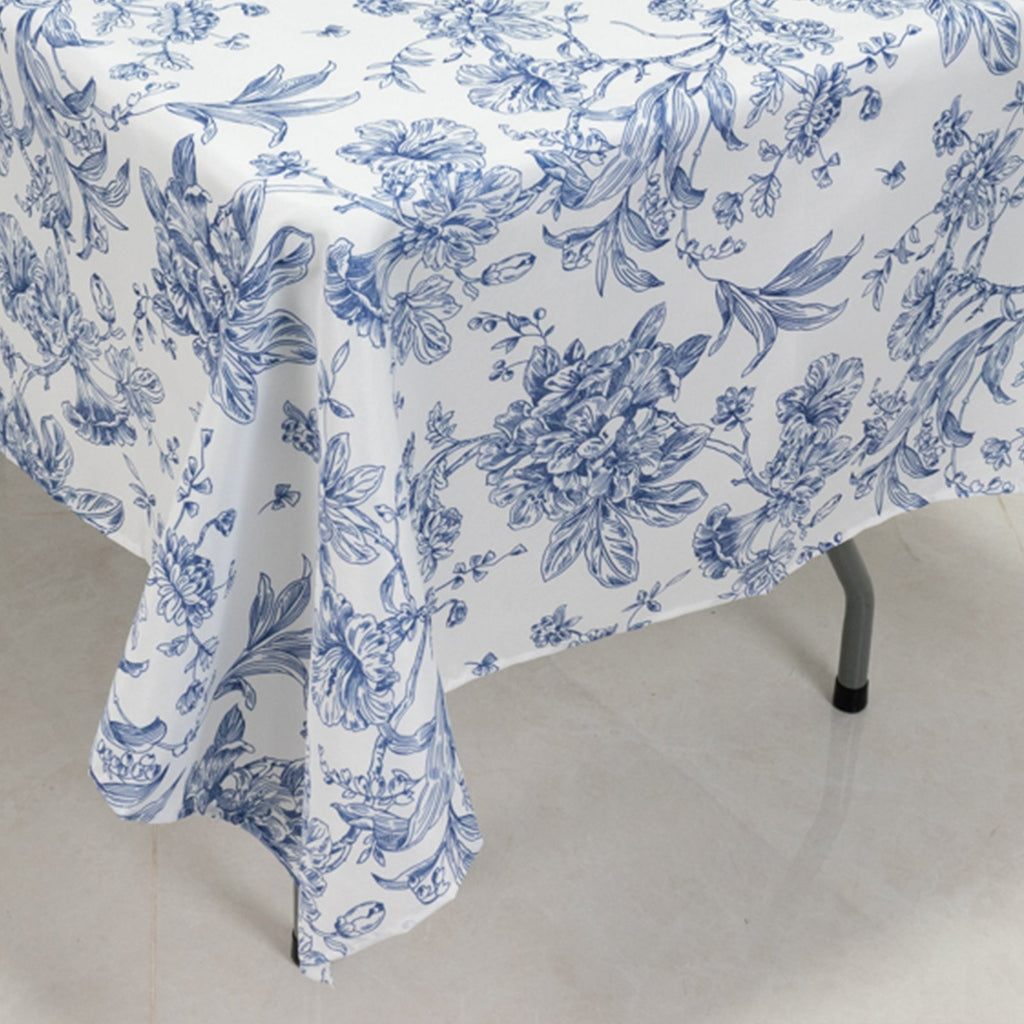 Polyester 60"x102" Rectangle Tablecloth White - Blue French Toile Pattern for Elegant Gatherings - Bell Racket Store