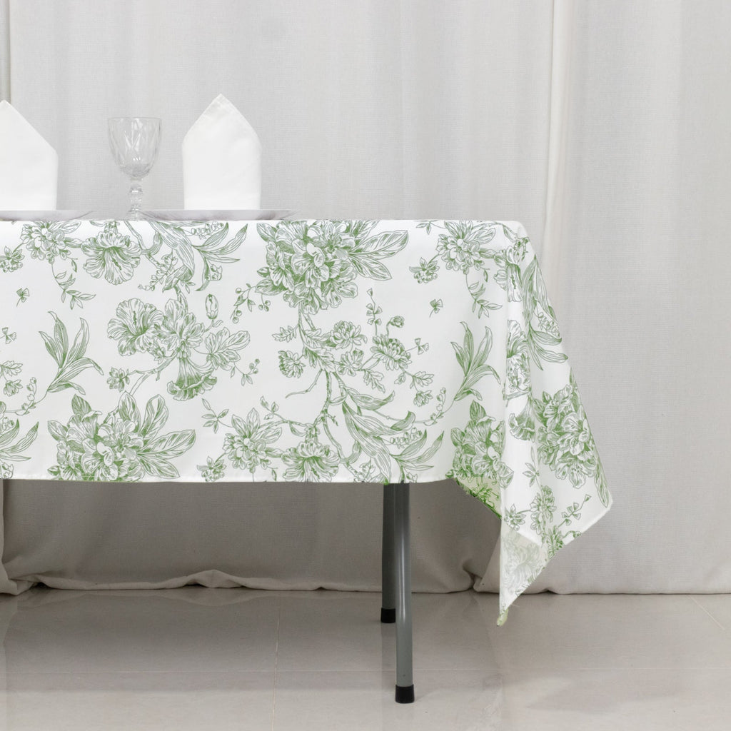 Polyester 60"x102" Rectangle Tablecloth White - Dusty Sage Green French Toile Pattern for Elegant Gatherings - Bell Racket Store