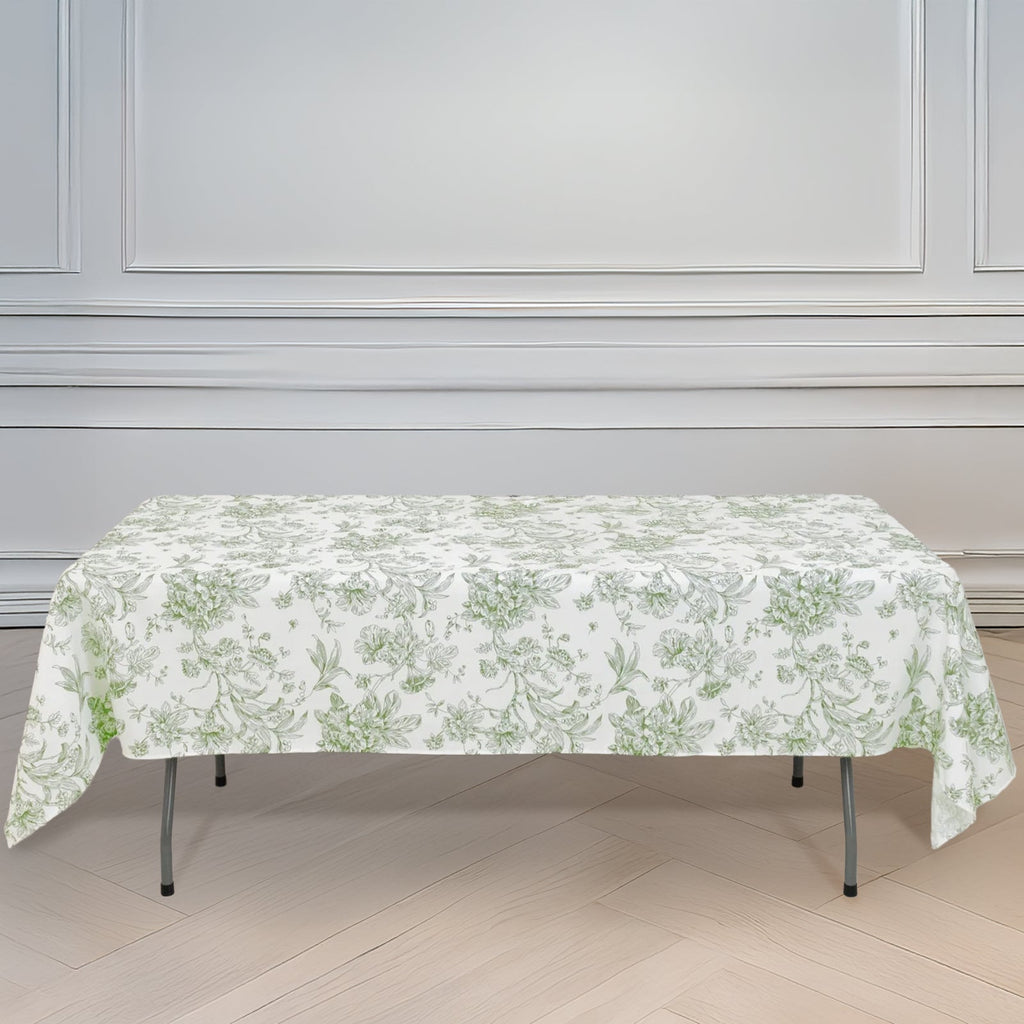 Polyester 60"x102" Rectangle Tablecloth White - Dusty Sage Green French Toile Pattern for Elegant Gatherings - Bell Racket Store