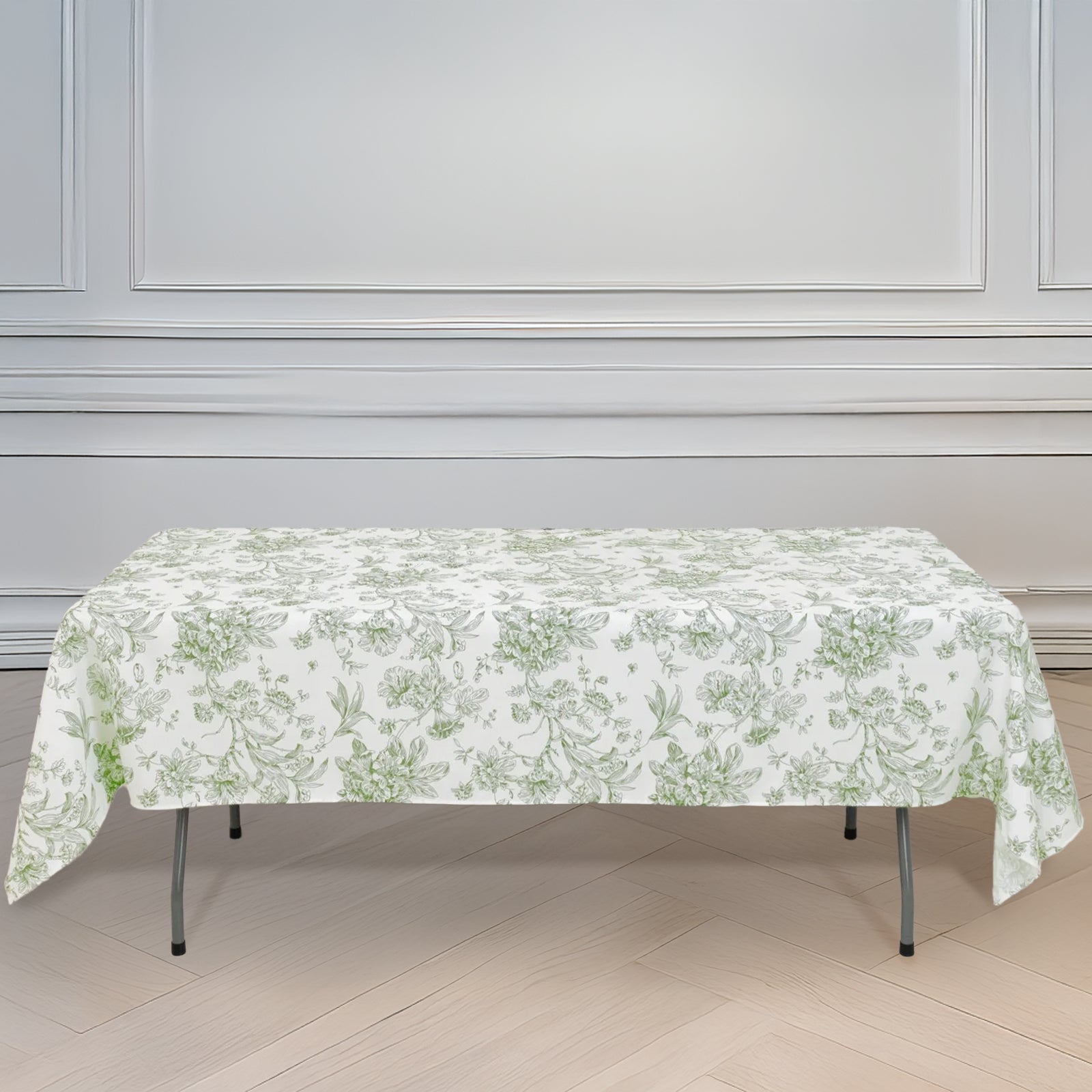 Polyester 60"x102" Rectangle Tablecloth White - Dusty Sage Green French Toile Pattern for Elegant Gatherings - Bell Racket Store